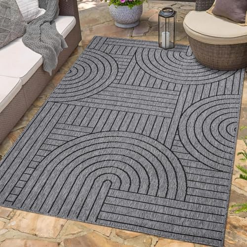 carpet city Outdoor Teppich Wetterfest 120x170 cm - Grau-Anthrazit - Wendeteppich, Beidseitiges Geometrisches Muster - Balkonteppich Wasserfest Outdoor - Terrassenteppich