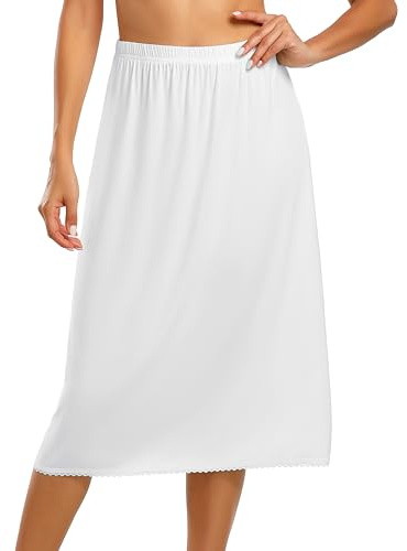 Vlazom Enagua Larga para Mujer Bajo Vestido Suave Cintura Elástica con Ribete de Encaje (XL,Blanco)