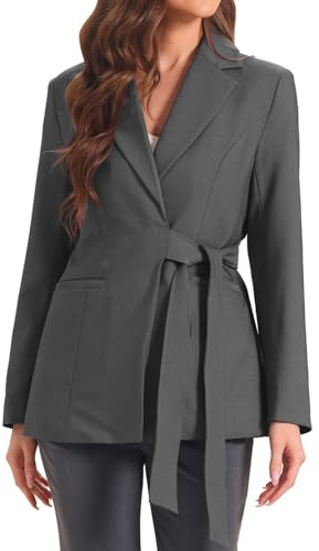 Allegra K Mujer Blazer Botón Chaqueta De Trabajo Oficina Solapa Manga Larga Cinturón Chaqueta De Traje Gris Oscuro M