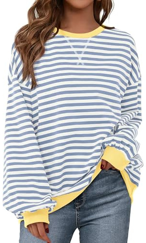 BTFBM Sweatshirt For Women 2026 Summer Crewneck Long Sleeve Oversized Striped Pullover Tops Y2K Clothes Workout Shirt(Blue Beige White, Small)