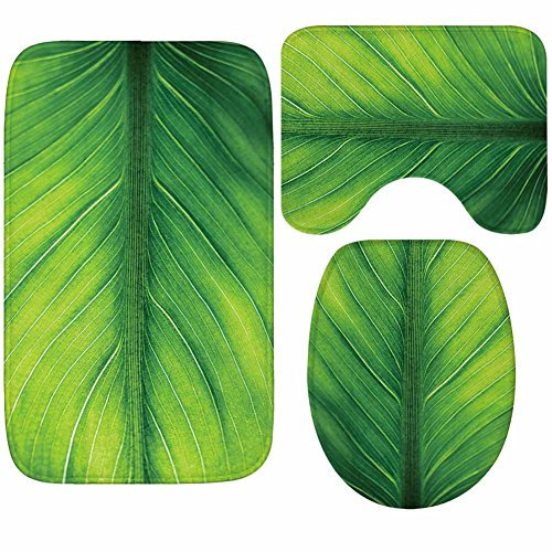 Bad Teppiche Set 3-Teiliges Grüne Gelbe Blätter WC Vorleger Mit Ausschnitt Badematte Saugfähig WC Deckelbezug Badvorleger rutschfest Waschbar Toilettensitzbezug Badgarnitur (50x80cm)