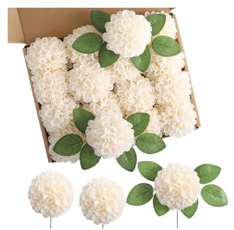 WENH 25Pcs Artificial Foam Dahlia Daisy Flowers With Stem DIY Wedding Bridal Bouquet Table Centerpieces Arrangement Party Decoration(Champagne)