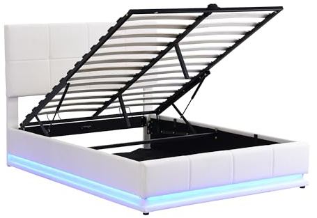 Letto con contenitore con alzata a LED, struttura letto imbottita in ecopelle PU con sollevamento a gas, ampio spazio di archiviazione, letto matrimoniale per mobili da camera da letto (materasso non