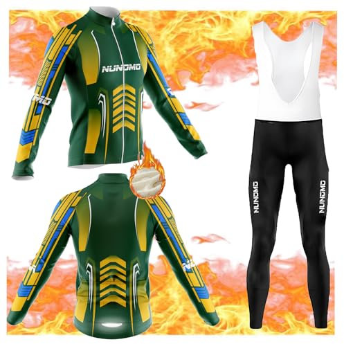 Radtrikot Set Herren Langarm Fleece Fahrradbekleidung Anzug Männer schnell trocknend Radjacke+ Lange Radlerhose mit 9D Gepolsterten Trägerhosenfür MTB Outdoor (#8B,4XL)