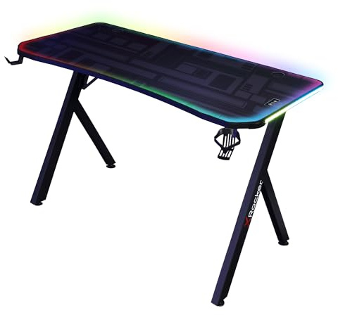 X-Rocker Lumio Compact 110cm x 55cm, RGB LED Gaming Desk - App-Controlled Lights, Space-Saving Design, Headphone Hook, Cup Holder, Sturdy Metal Frame for Adults & Kids - Black - Mouse Mat Included