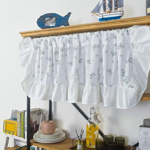 ANAZOZ Cortinas de Bistro Cortas Ganchos,Visillos Cortos para Ventanas 1 Pieza 150W x 60H CM,Flores con Volantes Cortinas Cocina de Bistro Blanco