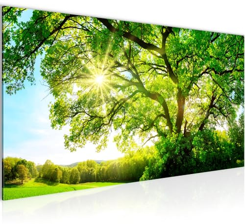Runa Art Wandbild Sonniger Wald 100 x 40 cm Modern Bild auf Vlies Leinwand Wald Natur Wohnzimmer Schlafzimmer Grün Blau 049912a