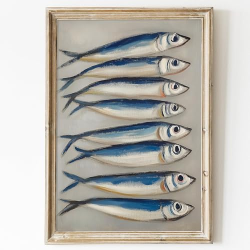 Kunstdruck auf Leinwand, abstrakte Fischmalerei, Vintage-Poster, Stillleben, Küchenkunst, Vintage-Stil, Meeresfrüchte-Drucke, Küche, Lebensmittel, Vintage-Sardinen-Druck, antike Meeresfrüchte-Bilder