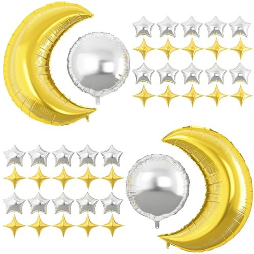 Decorazione Eid Mubarak - Set 44 Palloncini Luna e Stella Mylar, Grandi Argento Festa