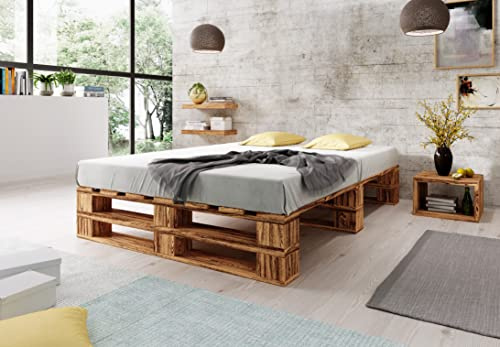 Lermowood Palettenbett M2 aus Holz 140 x 200 cm Geflammt mit Lattenrost Holzbett 40cm Stabiles Seniorenbett Kinderbett Jugendbett Gästebett erhöhtes Einzelbett Bettgestell Futonbett Komforthöhe