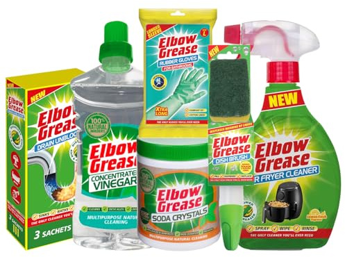 Elbow Grease 6-Piece Green Cleaning Bundle Giftset, Includes Dish Brush, Soda Crystals 500g, Concentrated Vinegar 750ml, Air Fryer Cleaner 500ml, Drain Unblocker Sachets 3x 40g, Cleaning Gloves Large