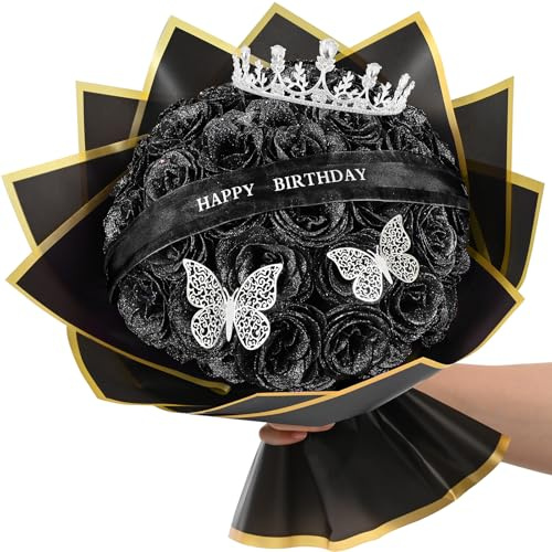 Waipfaru Glitter Roses Bouquet,Birthday Gifts for Women Mom,DIY Fake Flowers Bouquet with Birthday Stand-Up Signs,36 Black Rose for Grandma Wife Friends
