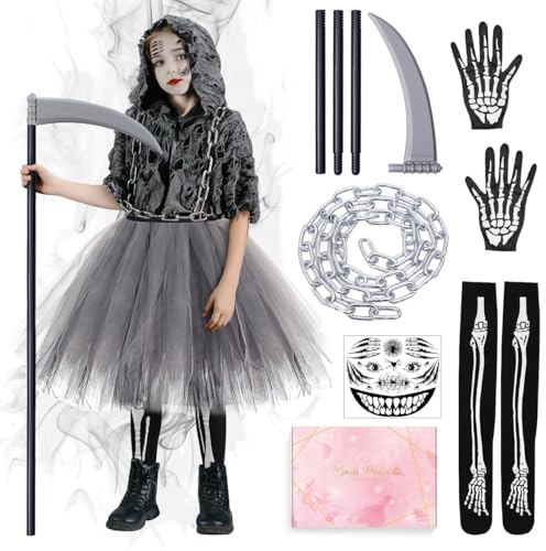 TOSZOLY Costume Mietitore Bambino, Vestito Halloween Bambina con Catena in Vita, Scheletro Calze e Falce Giocattolo, Costume da Tristo Mietitore Bambino per Halloween Carnevale Cosplay Feste