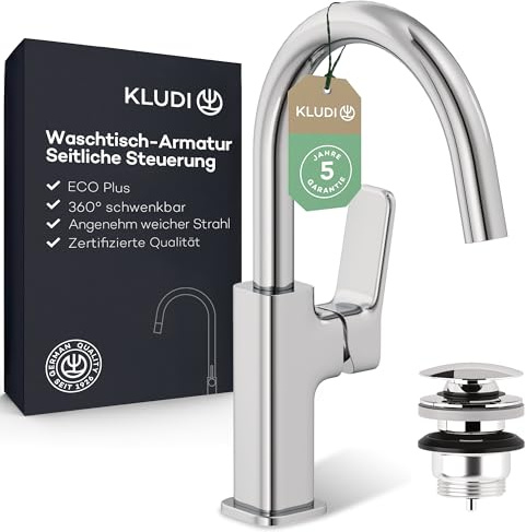KLUDI-X3 Wasserhahn Bad mit Push-Open Ablaufgarnitur, 360° schwenkbar, Auslaufhöhe 180 mm, wassersparende Waschtscharmatur Bad Größe L, Mischbatterie Waschbecken inkl. Anschlussschläuche in Chrom