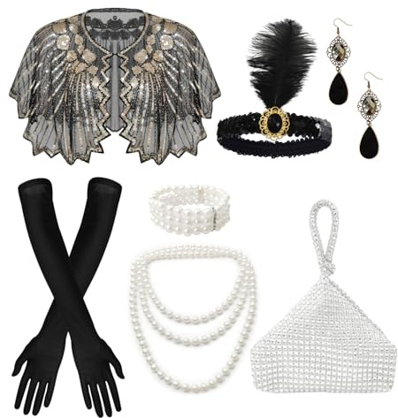 Ginkago 20er Jahre Accessoires Damen 20er Jahre Charleston Kostüm Perfekte für 20er Jahre Kostüm Damen, Karneval, Halloween (Schwarz-7PCS)