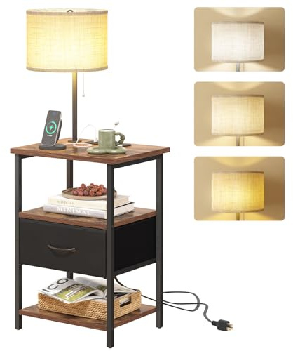 Fixwal Nightstand with Lights Bedside Table with 3 Color Temperatures Bulb, Night Stand with Charging Station End Table with Adjustable Fabric Drawer for Bedroom Dorm