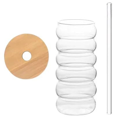 Jenngaoo Lot de 4 Verres Ondulés, Gobelets à Bulles, Verres à Café Glacé, Gobelets à Eau Transparents avec Couvercle et Paille pour Soda, Jus, Lait, Thé, Bière, Cocktail (450 ml)