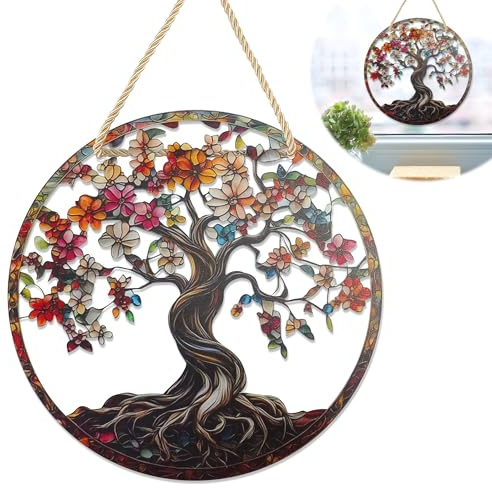 1Pcs Acrylic Tree of Life Suncatcher, 2D Flat Hanging Garden Ornament Suncatchers for Garden, Colourful Dream Catcher Style Garden Decor, Waterproof Sun Catchers for Home Window Wall Decoration