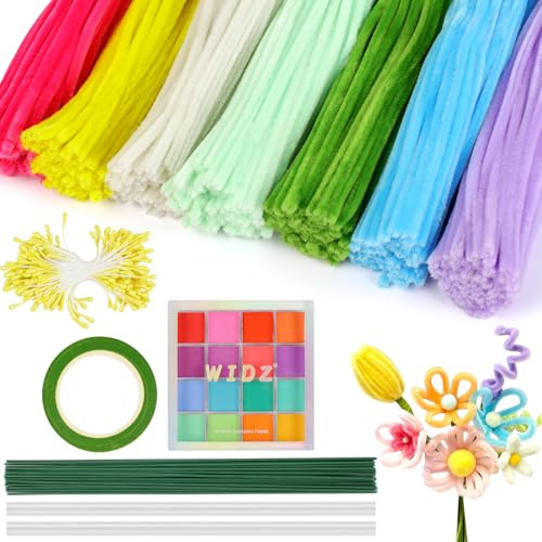 500 Stück Pfeifenreiniger Set,7 Farben Pfeifenputzer zum Basteln,30cm Pipe Cleaner mit Blumenstöcke Klebebandrolle Klebestifte Staubgefäße Lidschatten für Blumen Kreative DIY