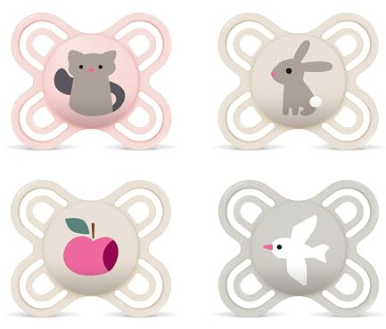 MAM Perfect Start Schnuller | 0-2 Monate | Babyschnuller für Neugeborene | 94% Akzeptanz | beugt Zahnfehlstellungen vor | mit Zahnmedizinern entwickelt| SkinSoft Silikon | Katze/Hase/Möwe | 4 Stück