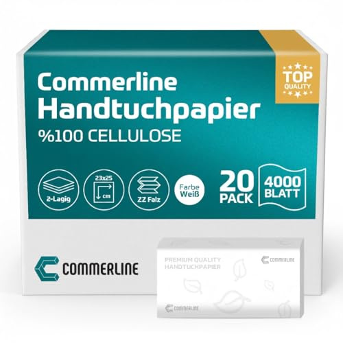 Commerline 3000 Blatt Papierhandtücher Weiß, 25x23 cm ZZ-Falz Handtuchpapier für Spender, 2-lagig Einmalhandtuch aus Papier, Falthandtücher für Toiletten, Hygienische Handtücher für Restaurants