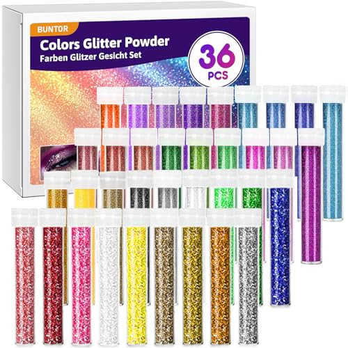 BUNTOR 36 Colors Glitter Powder, Chunky Glitter for Resin Art Crafts, Extra Fine Glitters for Christmas DIY, Nail Art, Decorations, Body Hair Face Glitters