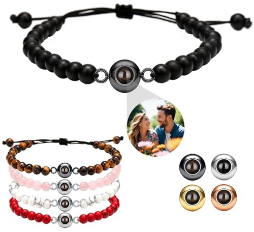 Personalisierte Projektion Armband mit Foto benutzerdefinierte Bild Gedenk-Armbänder verschiedene in Stein Geschenk für Mama Papa Freund Freundin Männer Frauen Paare (Runder Anhänger)