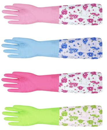 SHOWERORO 2 Pair Waterproof Kitchen Gloves with Fleece Lining and Drawstring, Thickened PVC Dishwashing Gloves for Household Cleaning, Extended Length Kitchen Accessories for Random Color