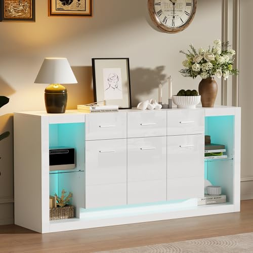 Merax Sideboard Hochglanz Weiß mit LED, 160 cm Modernes Wohnzimmer Kommode mit 3 Türen, 3 Schubladen, Offener Glasablage & Verstellbarem Einlegeboden, Mehrzweckschrank Buffetschrank für Esszimmer