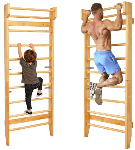 Generisch Sprossenwand mit Klimmzugstange,Sprossenwand für Erwachsene,Kletterwand Kinderzimmer bis 100kg Belastbar,Multifunktionales Fitnessgerät,Holz-Kletterwand (B-[195x80cm])