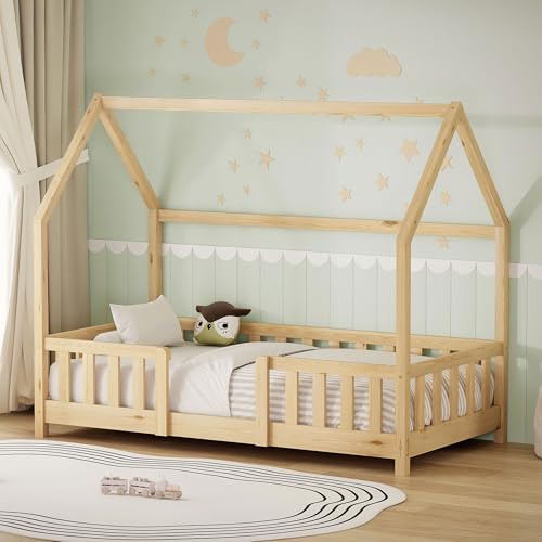 ML-Design Barnsäng 80x160 cm med fallskydd Montessori hussäng och ribbotten i massivt furu natur stabil säker låg säng för barnrum flickor pojkar trä sängram med tak ungdomssäng enkelsäng