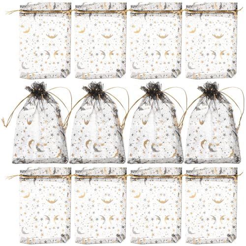 TOVINANNA 100 Stück Organzasäckchen mit Kordelzug in Schwarz Goldene Stern und Mondmotive Feinmaschiges Design für Kosmetik und Geschenkverpackungen