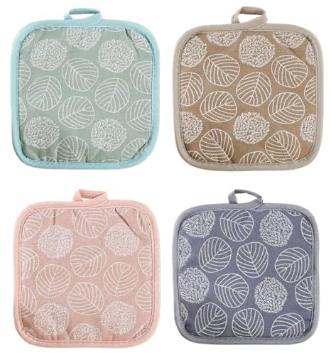 Wellrun 4PCS Heat Resistant Pot Holders,Thick Cotton Oven Cloths with Hanging Loop,Hot Pads for Kitchen Cooking,Baking,Microwave, Table Protection,Insulated Trivets for Hot Pans,Pink Blue Green Khaki