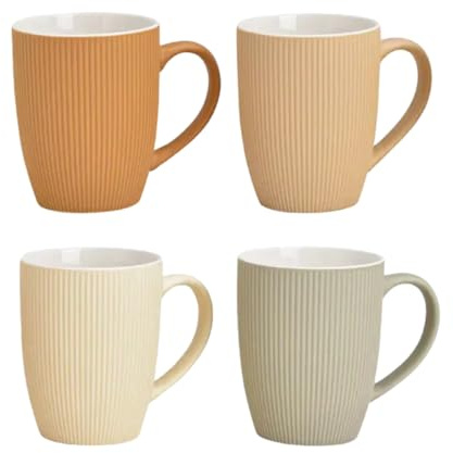 Set di 4 tazze in gres porcellanato da 300 ml, moderne tazze da caffè con superficie scanalata, tazze colorate in tonalità naturali, lavabili in lavastoviglie, perfette per caffè, tè e cappuccino