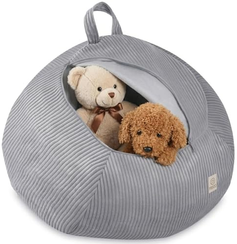 MISIOO Funda para puf infantil para animales de peluche, almacenamiento de juguetes y bolsa de frijoles en uno, tela de pana lavable, con cremallera, organizador de peluches para habitación infantil