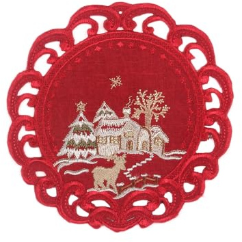 Quinnyshop Hirsch Weihnachts-Tischdeckchen 20 cm Rund Leinen Optik, Rot