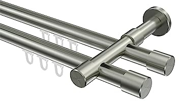 INTERDECO Innenlauf-Gardinenstange 20 mm 2-läufig, moderne Innenlaufstange aus Metall, Edelstahl-Optik, zur Wandmontage, Typ 10213126, 280 cm