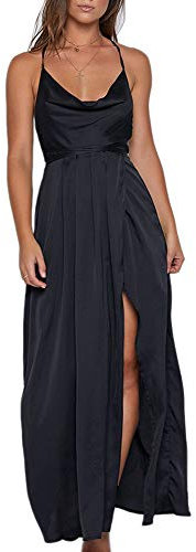 Yimeili Robe longue en satin pour femme - Col en V - Dos nu - Pour cocktail, fête, mariage, Col bénitier noir, Taille XS