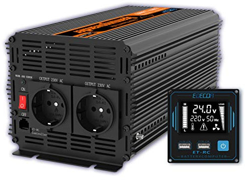 EDECOA Spannungswandler 24v 230v Wechselrichter Reiner Sinus 1500w LCD Konverter 24v auf 230v mit Fernbedienung und 2 USB Wandler 1500w Reiner Sinus (Neue Fernbedienung)