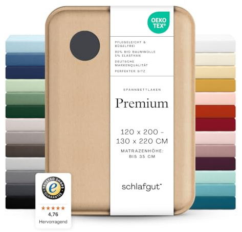 schlafgut Premium Spannbettlaken 120x200 cm Bio-Baumwolle, Grey Deep | Bettlaken, Spannbetttuch 130x200, 130x220 cm, Grau, Mako Zwirn-Jersey 220 g/m², bis 35 cm Steg, blickdicht, Made in Green