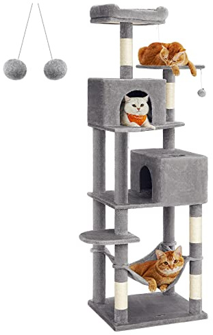 Feandrea Árbol para Gatos de 191 cm de Altura, Rascador para Gatos con 5 Postes, 2 Plataformas, 2 Cuevas, Hamaca, 2 Pompones, Felpa Multicapa, Gris Claro PCT191W01