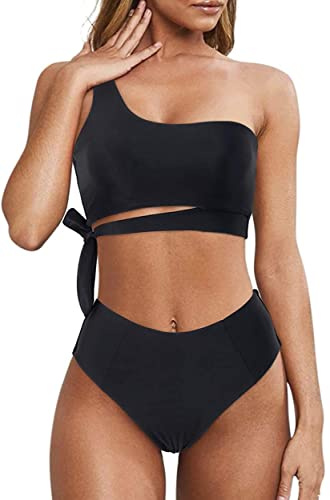 Rayson Donna Vita Alta Costume da Bagno a Due Pezzi Bikini Set Chic Monospalla retrò con Spalline Laterali(Nero,M)