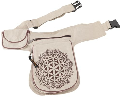 GURU SHOP Stoff Sidebag & Hüfttasche `Flower of Life`, Boho Gürteltasche, Bauchtasche aus Nepal - Beige/braun, Unisex - Erwachsene, 25x20x4 cm