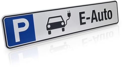 Betriebsausstattung24 Geprägtes Parkplatzschild aus Aluminium in Nummernschildform - E - Auto - KFZ-Kennzeichen - für Ihren Parkplatz & Stellplatz - Originalmaße 52,0 x 11,0 cm