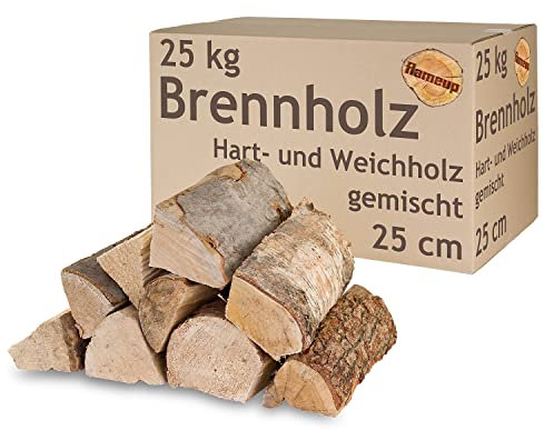 Brennholz Gemischt Kaminholz 5-500 kg Buche Eiche Birke Kiefer Fichte Holz Für Ofen und Kamin Kaminofen Feuerschale Grill Feuerholz 25 cm Wood Kammergetrocknet Flameup, Menge:25 kg