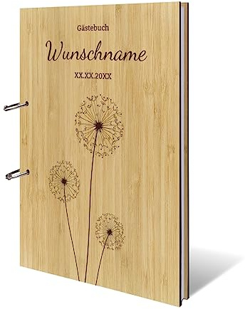 Personalisiertes Gästebuch Taufe Konfirmation Kommunion echtes Holz DIN A4 Kondolenzbuch mit Lasergravur - Pusteblume - mit 72 Blatt / 144 Seiten Naturpapier Weiß