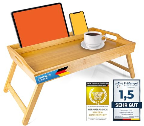 Frukostbricka av bambu sängbricka, Serveringsbricka sängbord med fällbara ben - kan även användas som lapdesk, anteckningsbord (Deluxe)