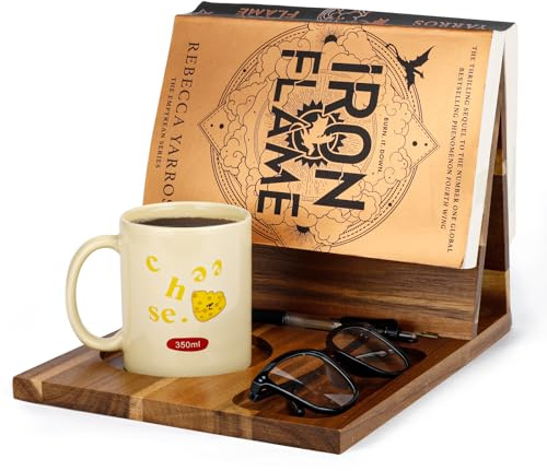 3HQ Support de livre en bois pour repose-page, valet de lecture unique avec tasse, lunettes et porte-stylo, idée cadeau pour les amateurs de livres