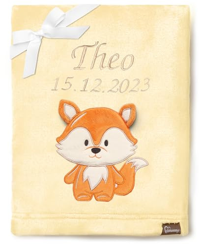 Be Mammy Personalisierte Babydecke mit 3D Applikation Warme Kuscheldecke mit Namen und Geburtsdatum; Perfektes Baby Geschenk; Blanket; Krabbeldecke BE20-280 (Gelb - Fuchs)