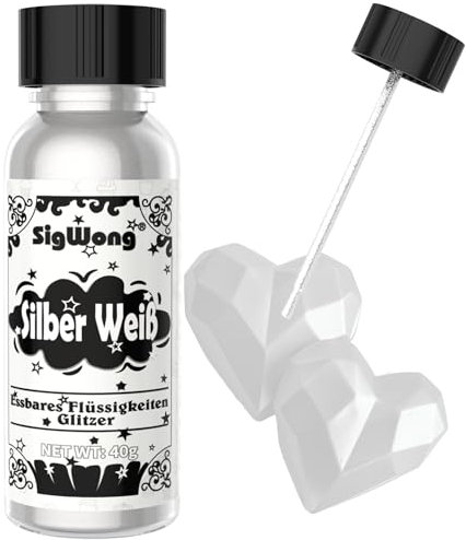 Essbarer Glitzer Flüssig, 40g Metallic Essbarer Glitzer für Getränke Torten, Glitzerpulver Lebensmittelfarbe für Dekorieren, Cocktail, Kuchen, Backen, Macarons, Fondant, Schokolade-Silber Weiß